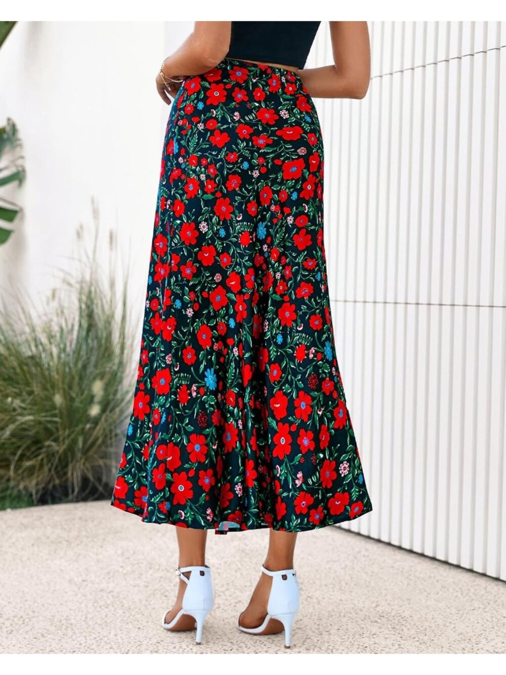 Women Floral Black Red High Waisted A-Line Silky Flowy Bias Cut Satin Midi Skirt - Picture 3 of 6